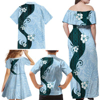 Polynesia Hibiscus Family Matching Off Shoulder Maxi Dress and Hawaiian Shirt Sky Blue Curve Motif LT05 - Polynesian Pride