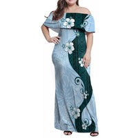 Polynesia Hibiscus Family Matching Off Shoulder Maxi Dress and Hawaiian Shirt Sky Blue Curve Motif LT05 Mom's Dress Blue - Polynesian Pride