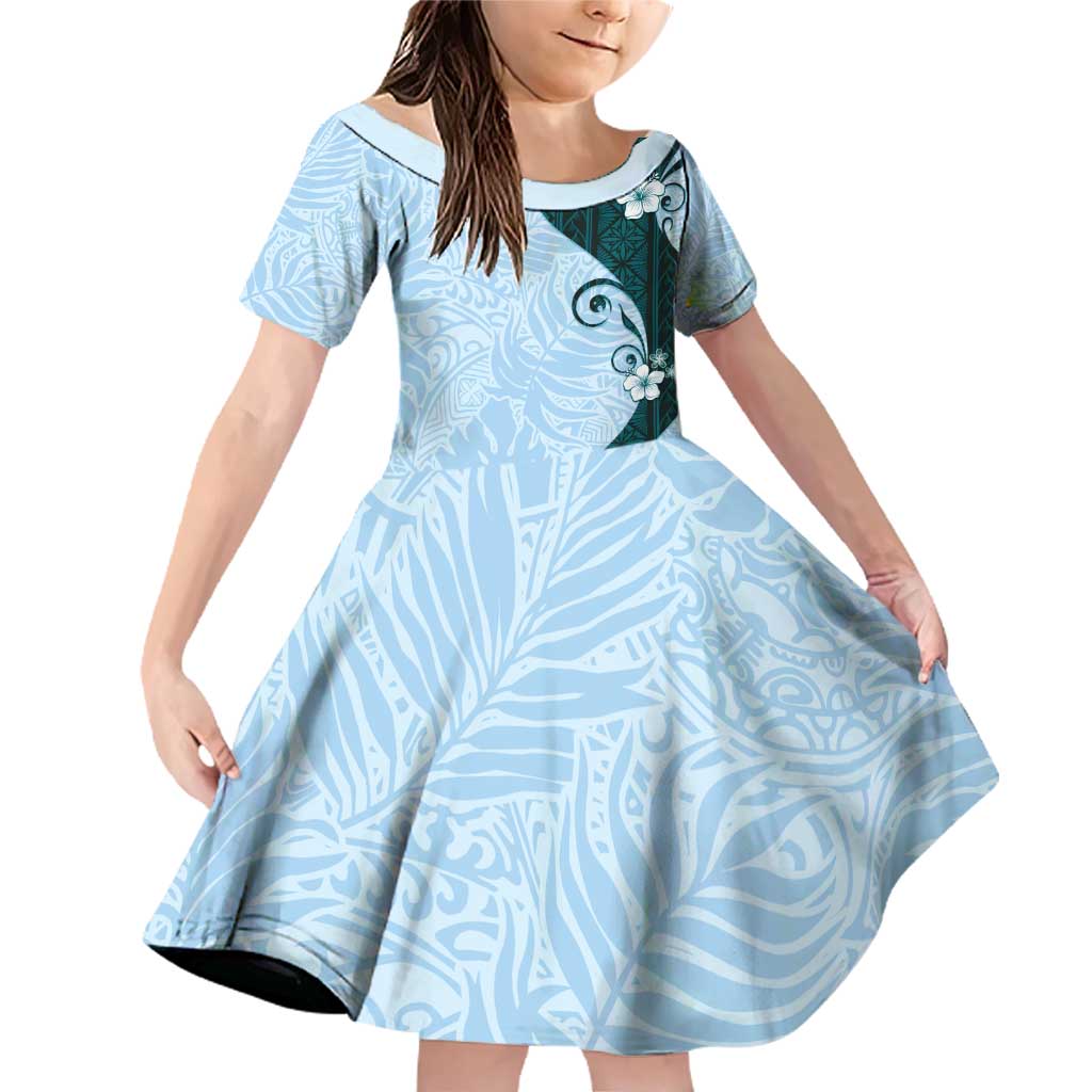 Polynesia Hibiscus Family Matching Off Shoulder Short Dress and Hawaiian Shirt Sky Blue Curve Motif - Polynesian Pride