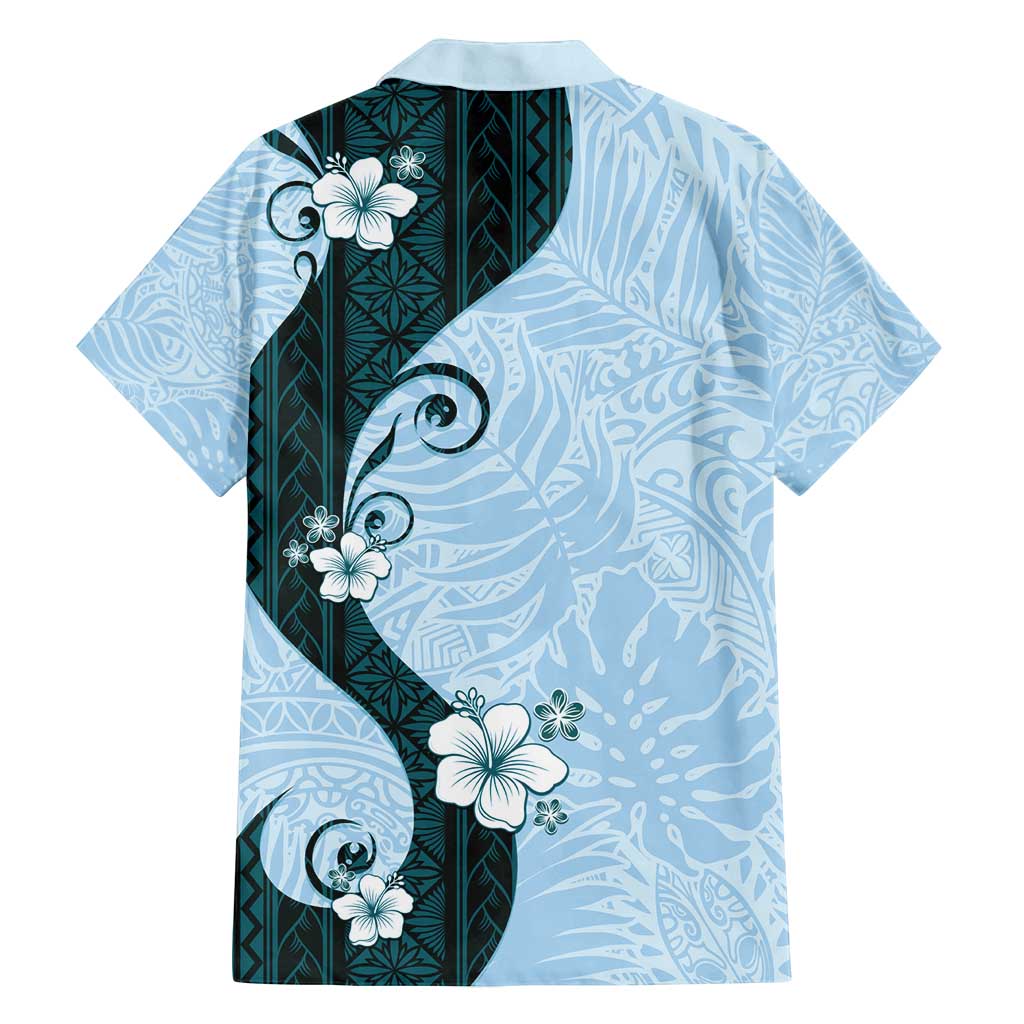 Polynesia Hibiscus Family Matching Off Shoulder Short Dress and Hawaiian Shirt Sky Blue Curve Motif - Polynesian Pride