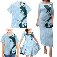 Polynesia Hibiscus Family Matching Puletasi and Hawaiian Shirt Sky Blue Curve Motif LT05 - Polynesian Pride