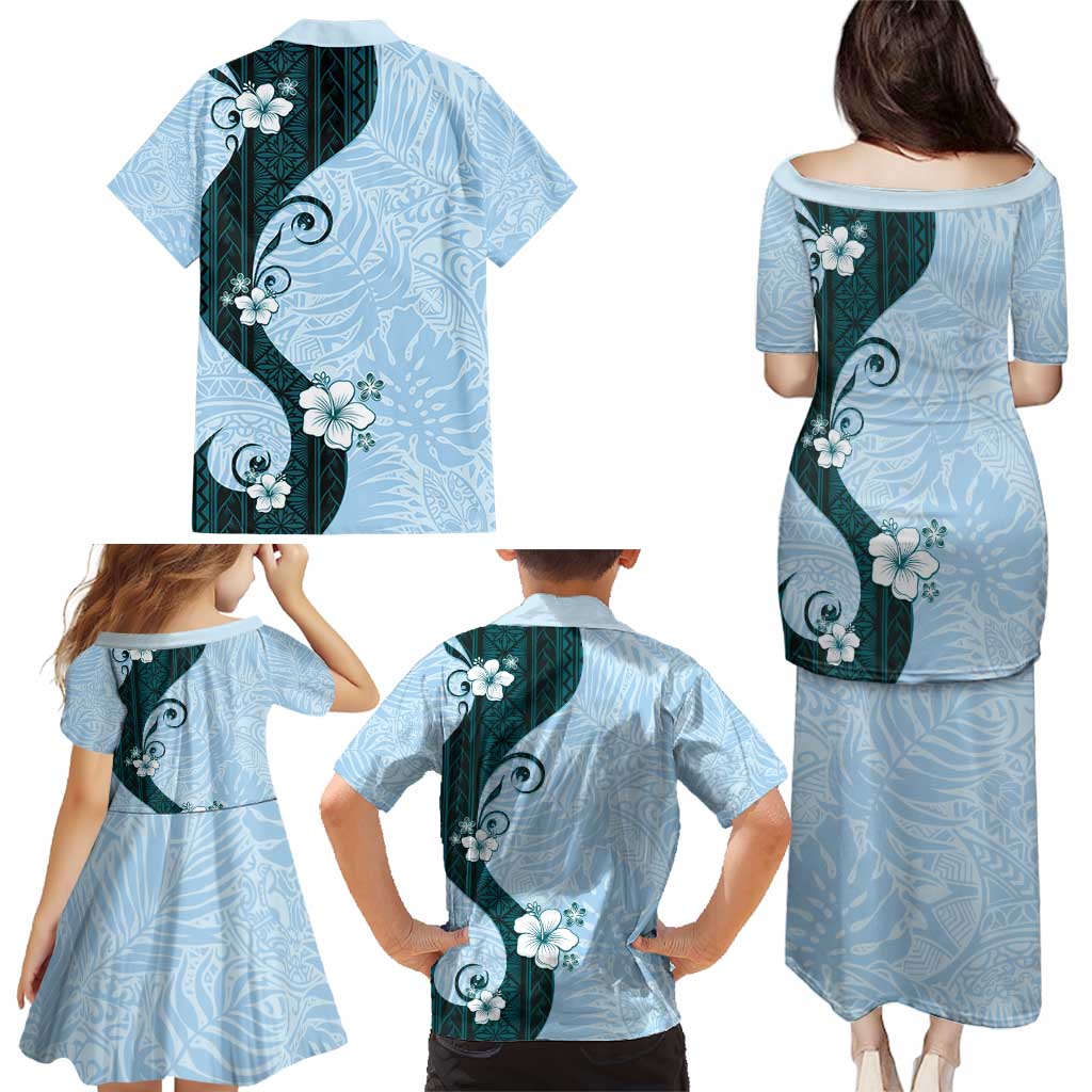 Polynesia Hibiscus Family Matching Puletasi and Hawaiian Shirt Sky Blue Curve Motif LT05 - Polynesian Pride