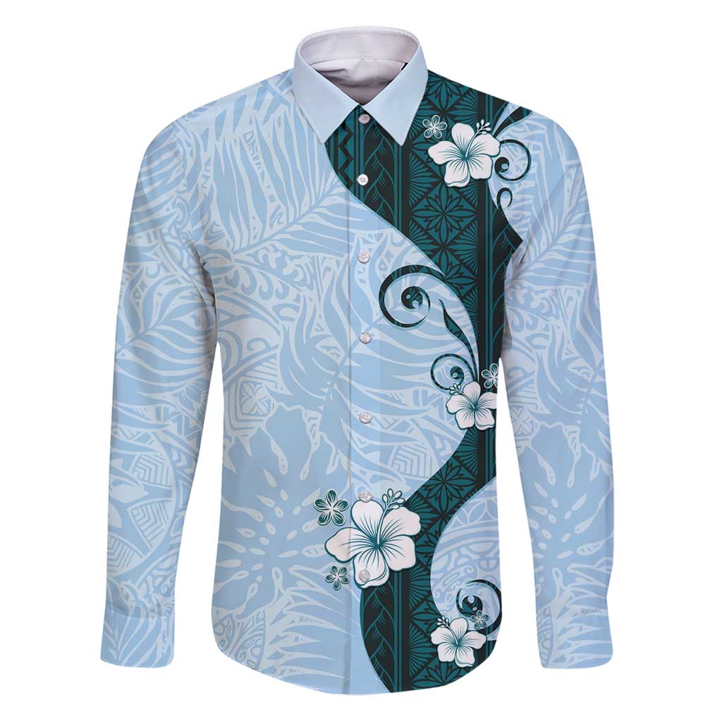 Polynesia Hibiscus Family Matching Puletasi and Hawaiian Shirt Sky Blue Curve Motif LT05 Dad's Shirt - Long Sleeve Blue - Polynesian Pride
