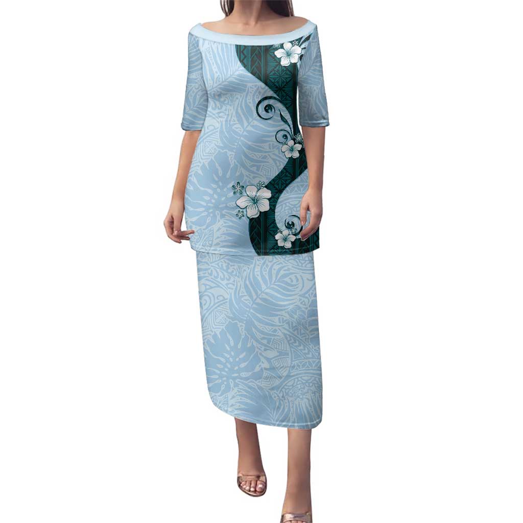 Polynesia Hibiscus Family Matching Puletasi and Hawaiian Shirt Sky Blue Curve Motif LT05 Mom's Dress Blue - Polynesian Pride