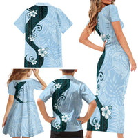 Polynesia Hibiscus Family Matching Short Sleeve Bodycon Dress and Hawaiian Shirt Sky Blue Curve Motif LT05 - Polynesian Pride