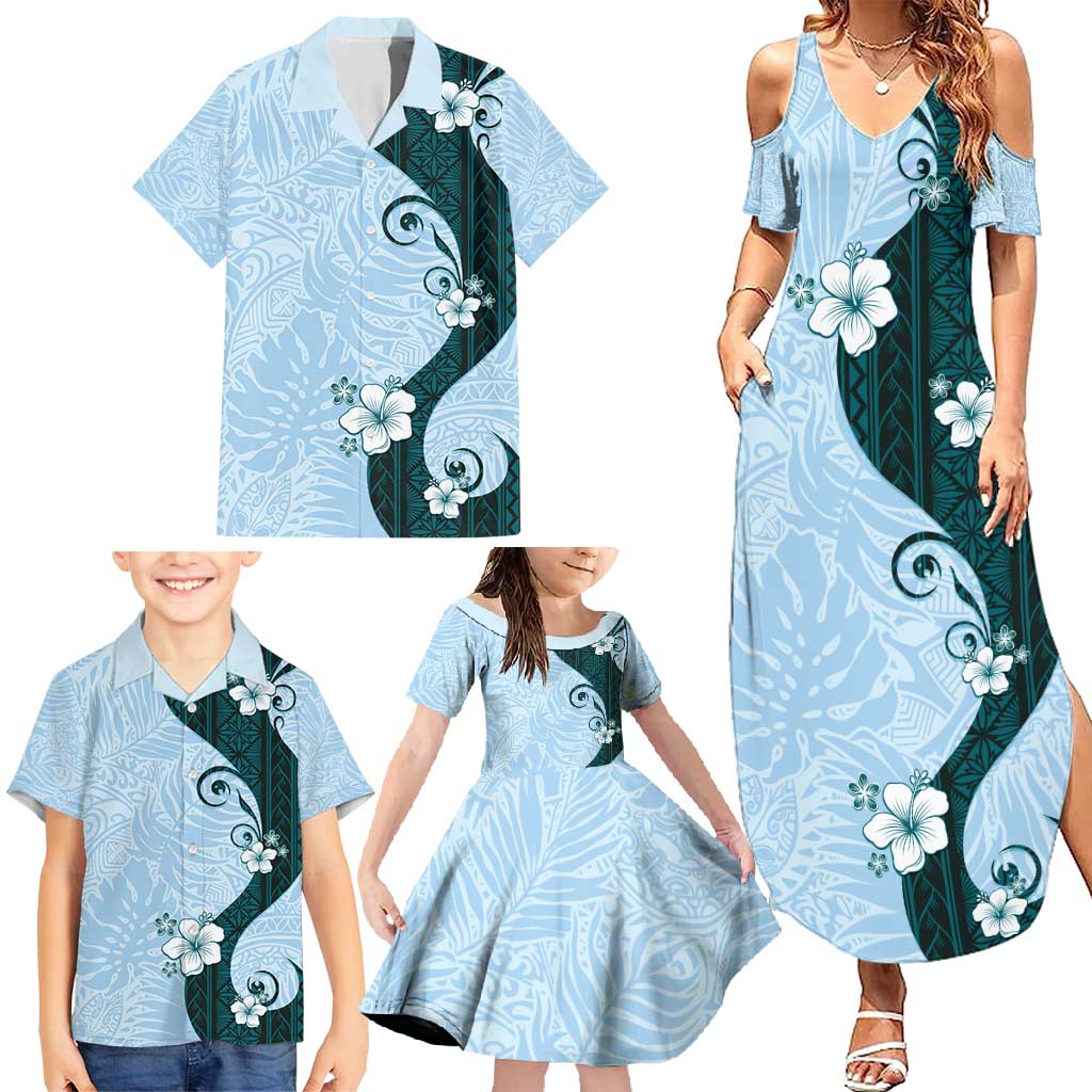 Polynesia Hibiscus Family Matching Summer Maxi Dress and Hawaiian Shirt Sky Blue Curve Motif LT05 - Polynesian Pride