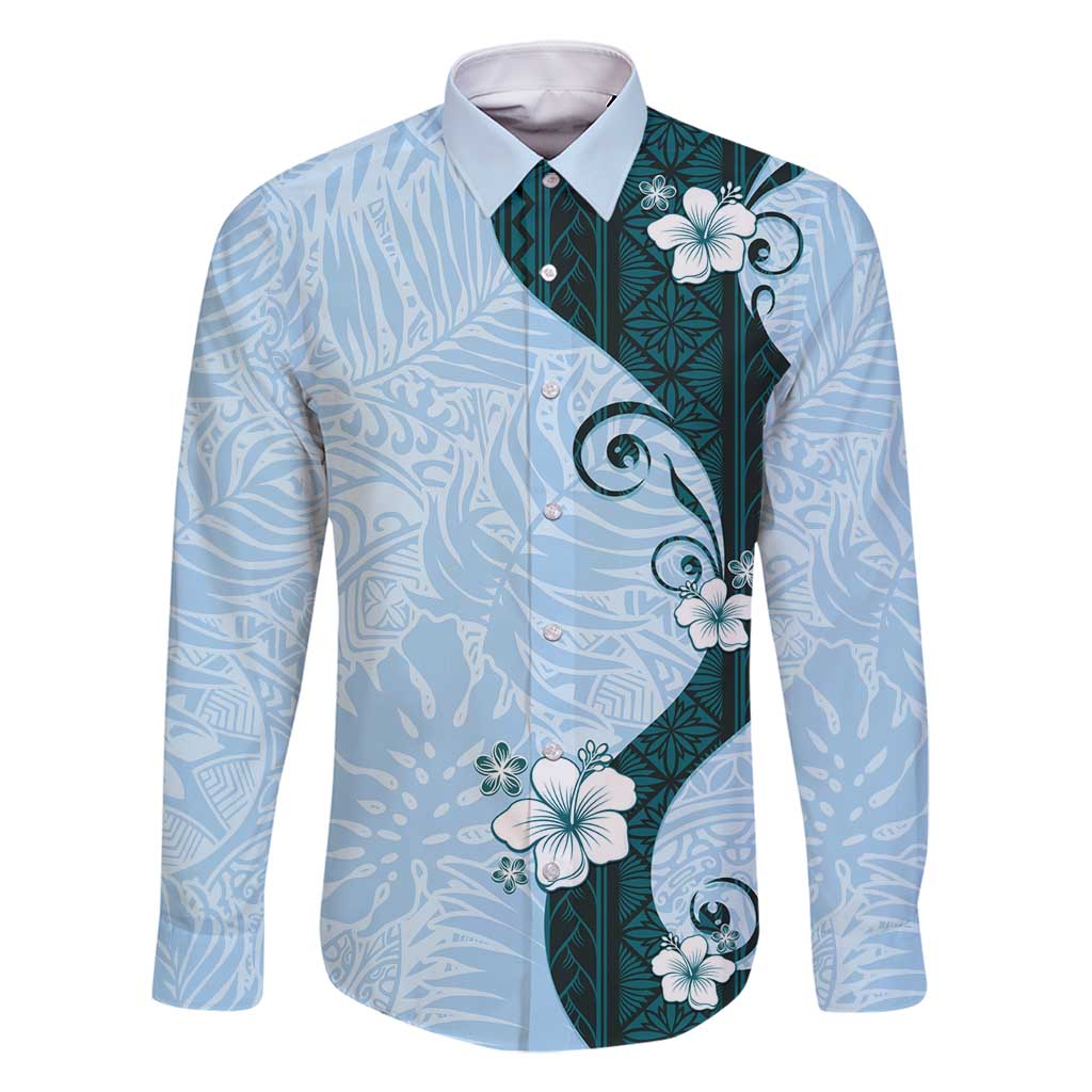 Polynesia Hibiscus Family Matching Summer Maxi Dress and Hawaiian Shirt Sky Blue Curve Motif LT05 Dad's Shirt - Long Sleeve Blue - Polynesian Pride
