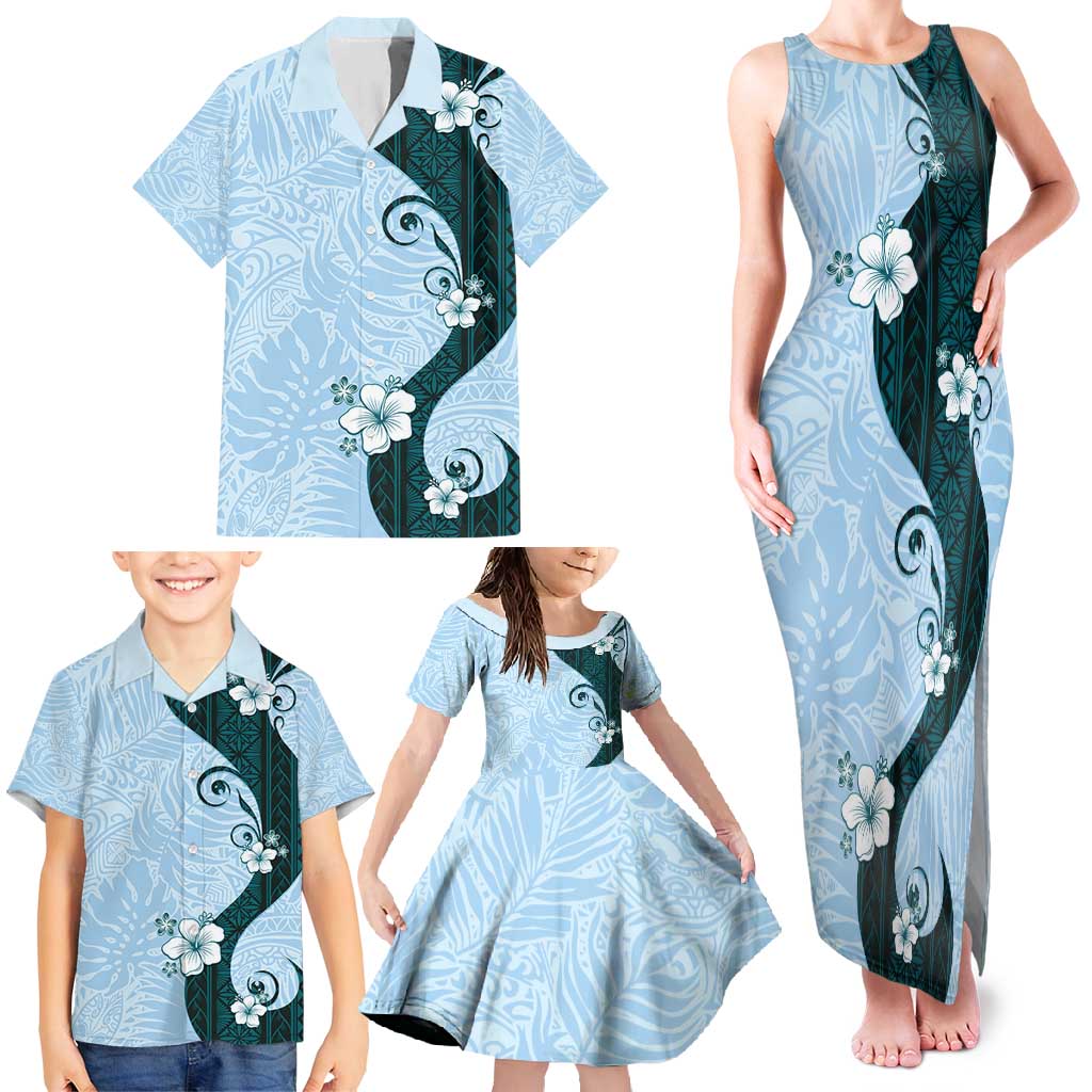 Polynesia Hibiscus Family Matching Tank Maxi Dress and Hawaiian Shirt Sky Blue Curve Motif LT05 - Polynesian Pride