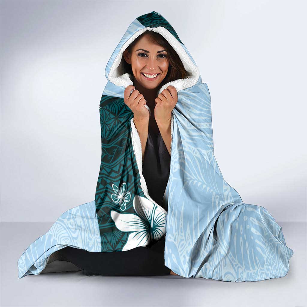 Polynesia Hibiscus Hooded Blanket Sky Blue Curve Motif - Polynesian Pride