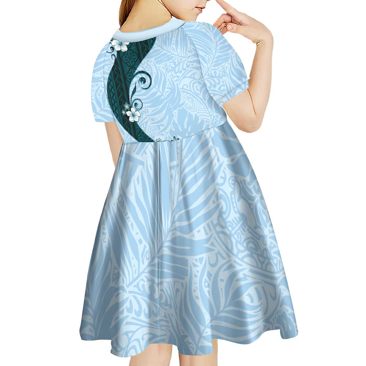 Polynesia Hibiscus Kid Short Sleeve Dress Sky Blue Curve Motif LT05 - Polynesian Pride