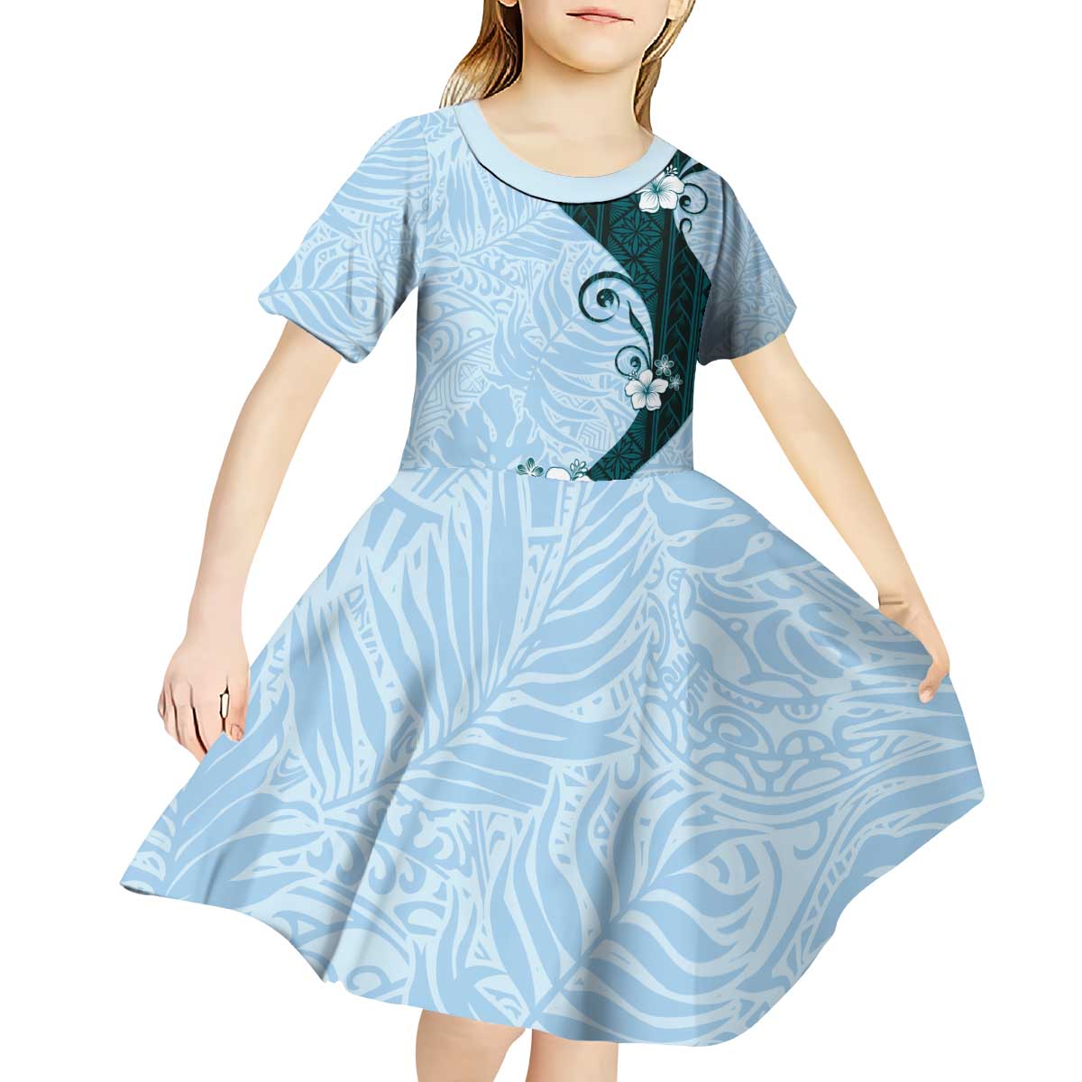 Polynesia Hibiscus Kid Short Sleeve Dress Sky Blue Curve Motif LT05 - Polynesian Pride