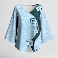 Polynesia Hibiscus Kimono Sleeve Blouse Sky Blue Curve Motif - Polynesian Pride