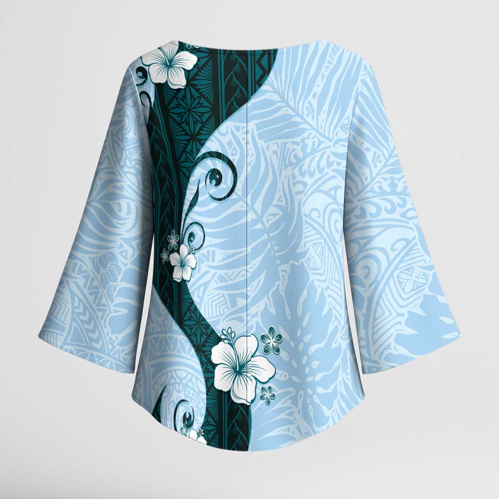 Polynesia Hibiscus Kimono Sleeve Blouse Sky Blue Curve Motif - Polynesian Pride