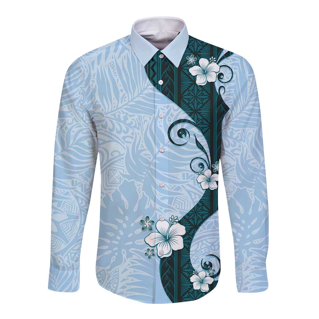 Polynesia Hibiscus Long Sleeve Button Shirt Sky Blue Curve Motif - Polynesian Pride