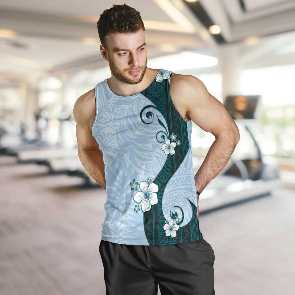 Polynesia Hibiscus Men Tank Top Sky Blue Curve Motif - Polynesian Pride
