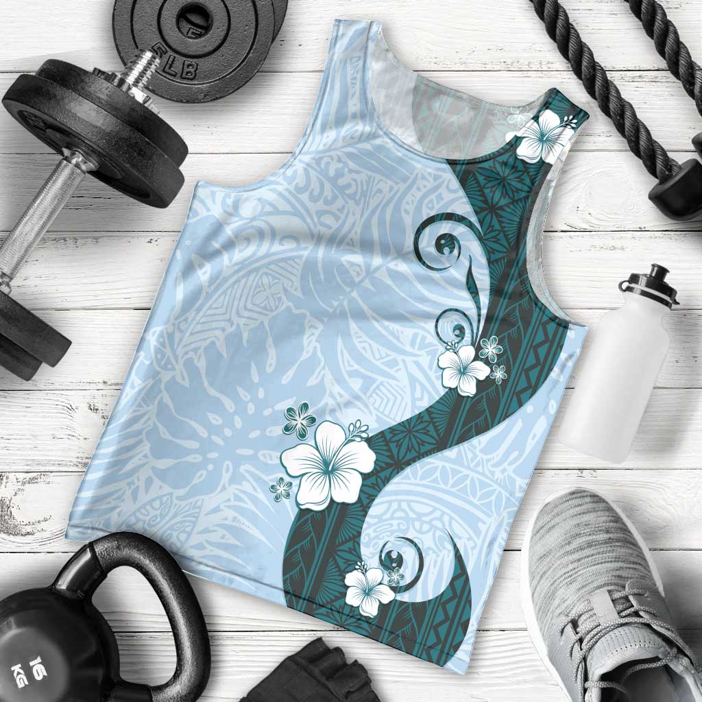 Polynesia Hibiscus Men Tank Top Sky Blue Curve Motif - Polynesian Pride