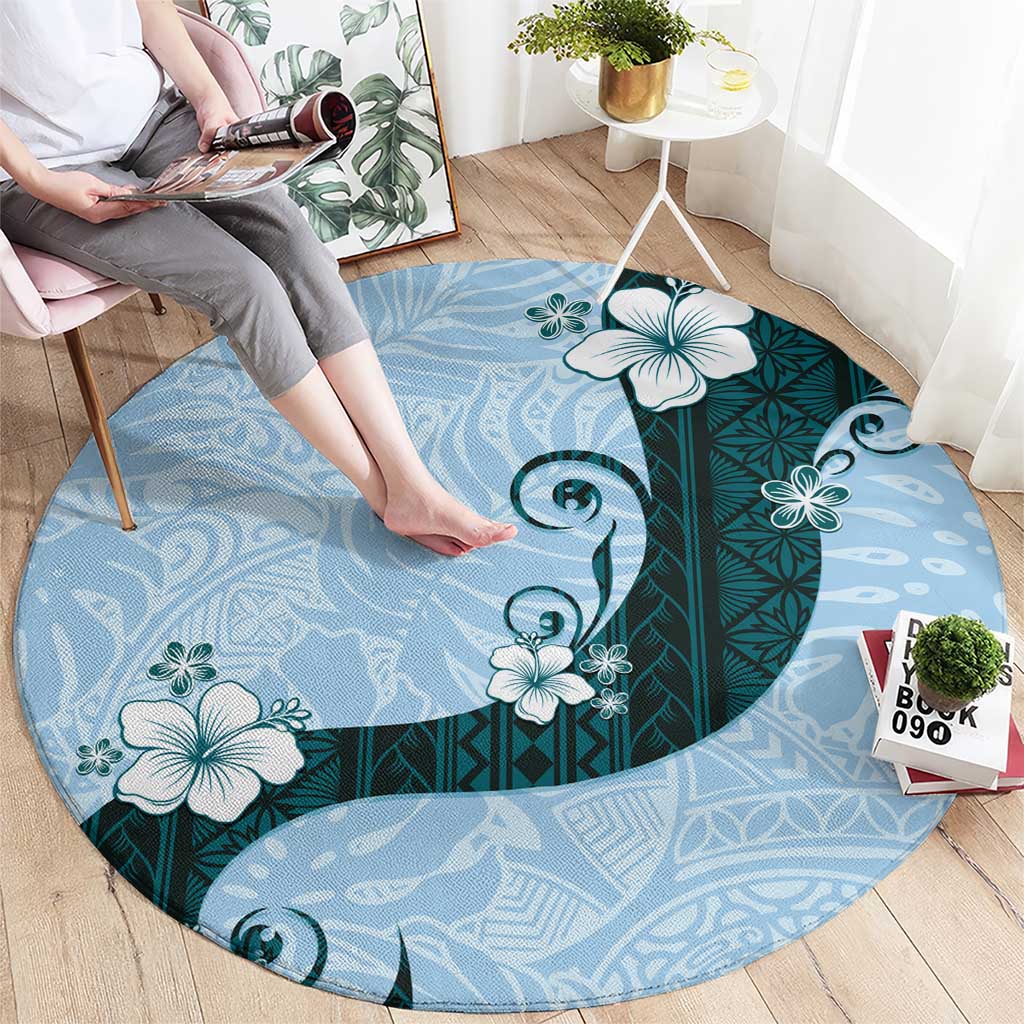 Polynesia Hibiscus Round Carpet Sky Blue Curve Motif LT05 - Polynesian Pride