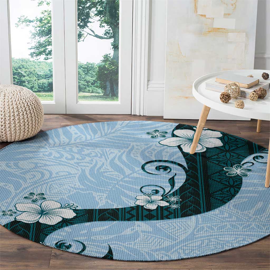Polynesia Hibiscus Round Carpet Sky Blue Curve Motif LT05 - Polynesian Pride