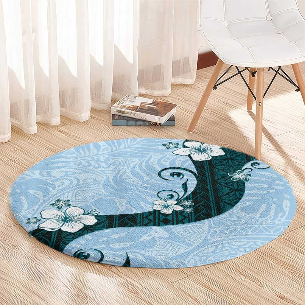 Polynesia Hibiscus Round Carpet Sky Blue Curve Motif LT05 - Polynesian Pride
