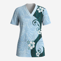 Polynesia Hibiscus Scrub Top Sky Blue Curve Motif - Polynesian Pride