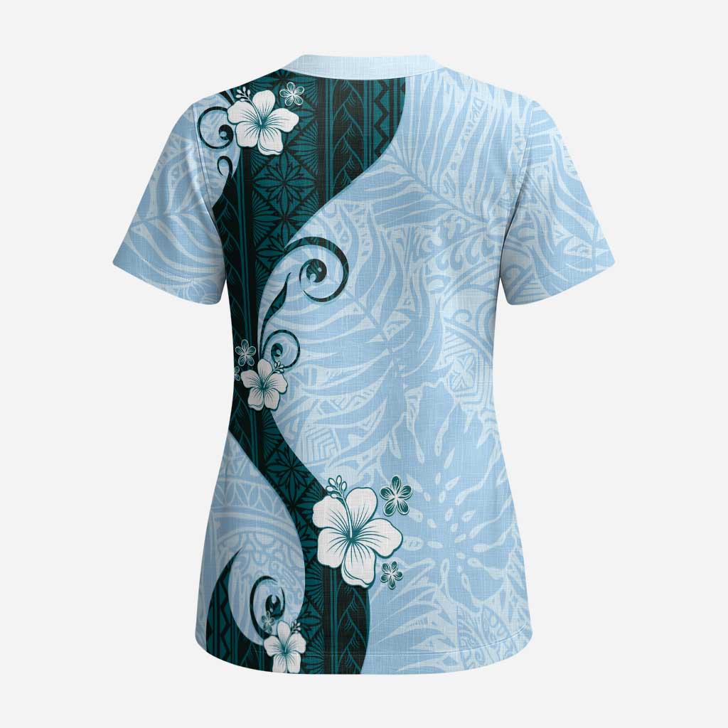 Polynesia Hibiscus Scrub Top Sky Blue Curve Motif - Polynesian Pride