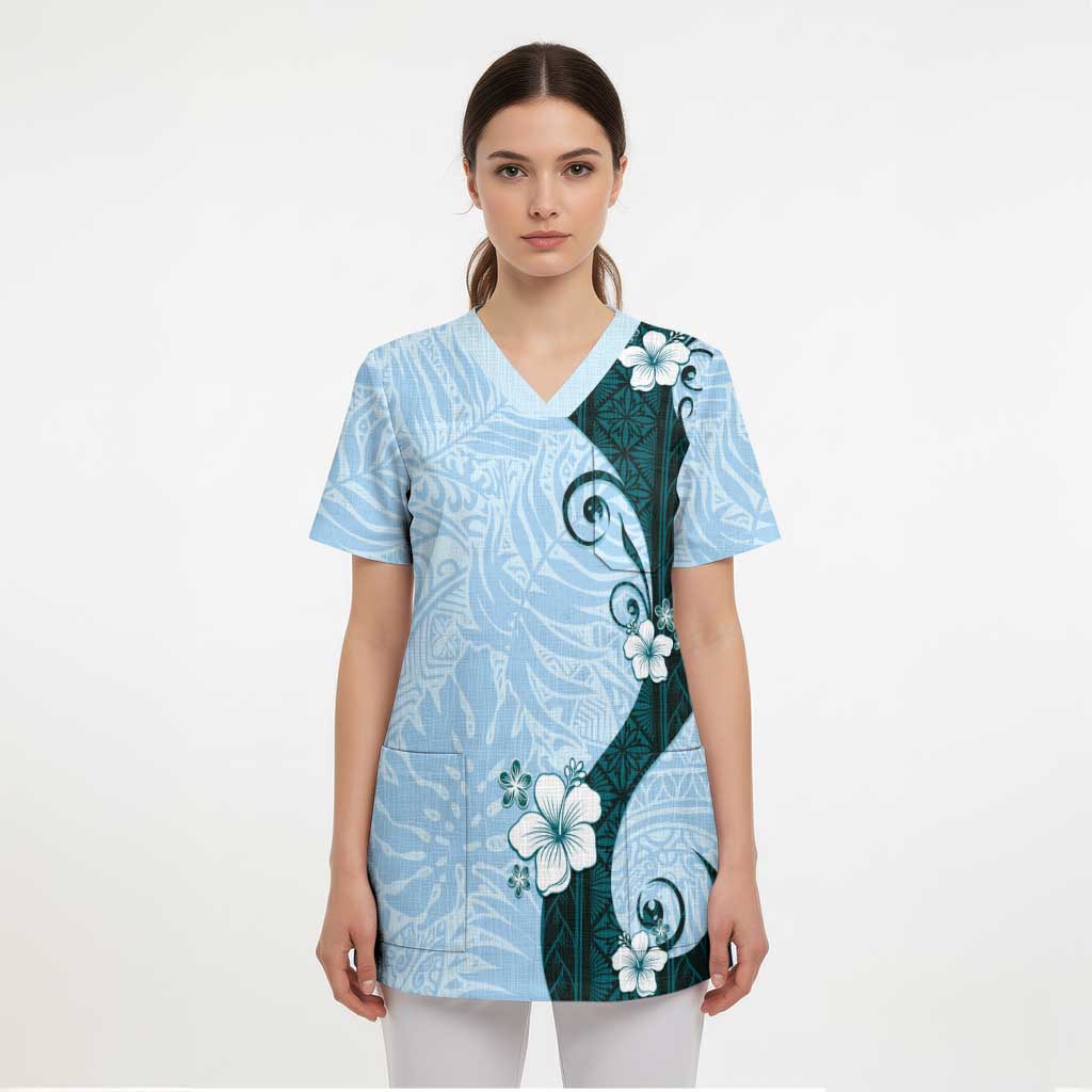 Polynesia Hibiscus Scrub Top Sky Blue Curve Motif - Polynesian Pride