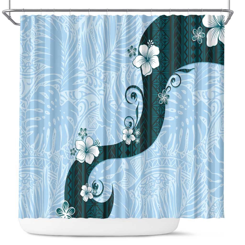 Polynesia Hibiscus Shower Curtain Sky Blue Curve Motif - Polynesian Pride
