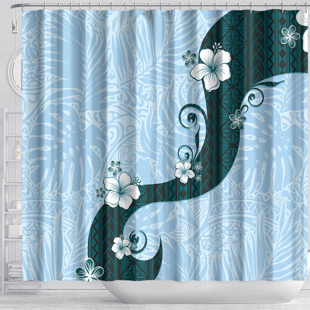 Polynesia Hibiscus Shower Curtain Sky Blue Curve Motif - Polynesian Pride