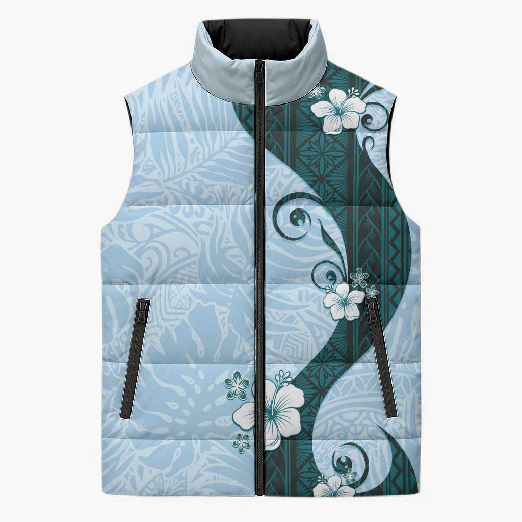 Polynesia Hibiscus Sleeveless Puffer Jacket Sky Blue Curve Motif - Polynesian Pride