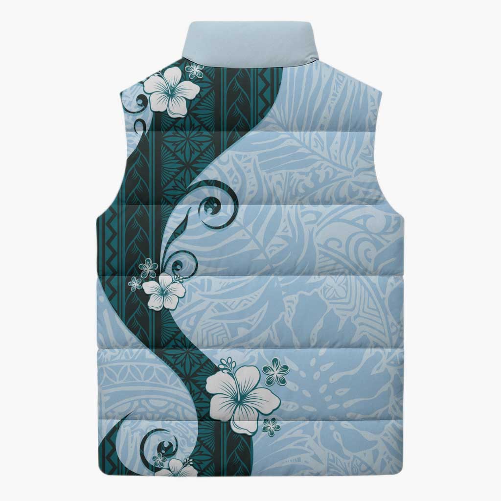 Polynesia Hibiscus Sleeveless Puffer Jacket Sky Blue Curve Motif - Polynesian Pride