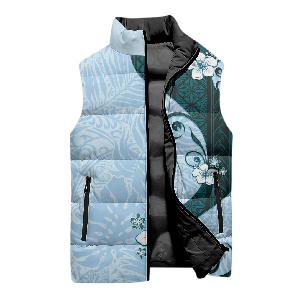 Polynesia Hibiscus Sleeveless Puffer Jacket Sky Blue Curve Motif - Polynesian Pride