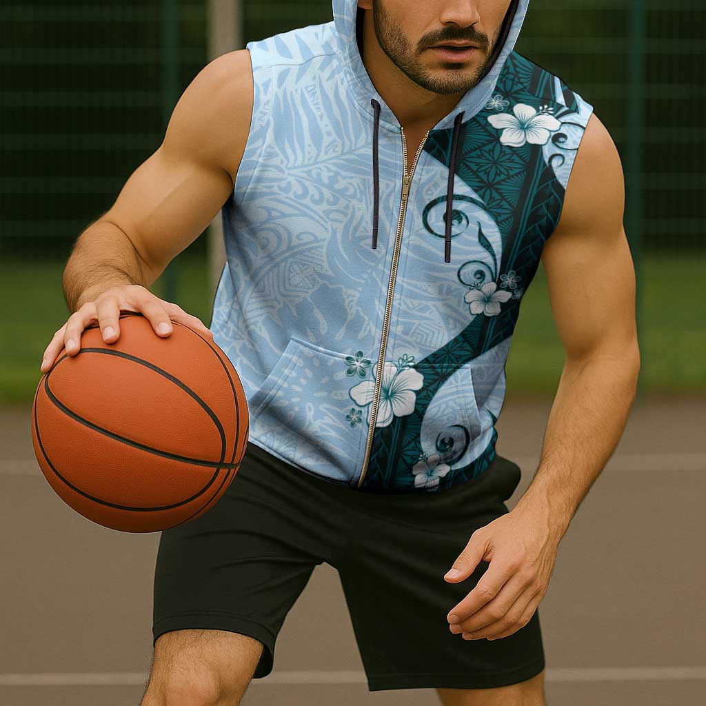 Polynesia Hibiscus Sleeveless Zip Hoodie Sky Blue Curve Motif - Polynesian Pride