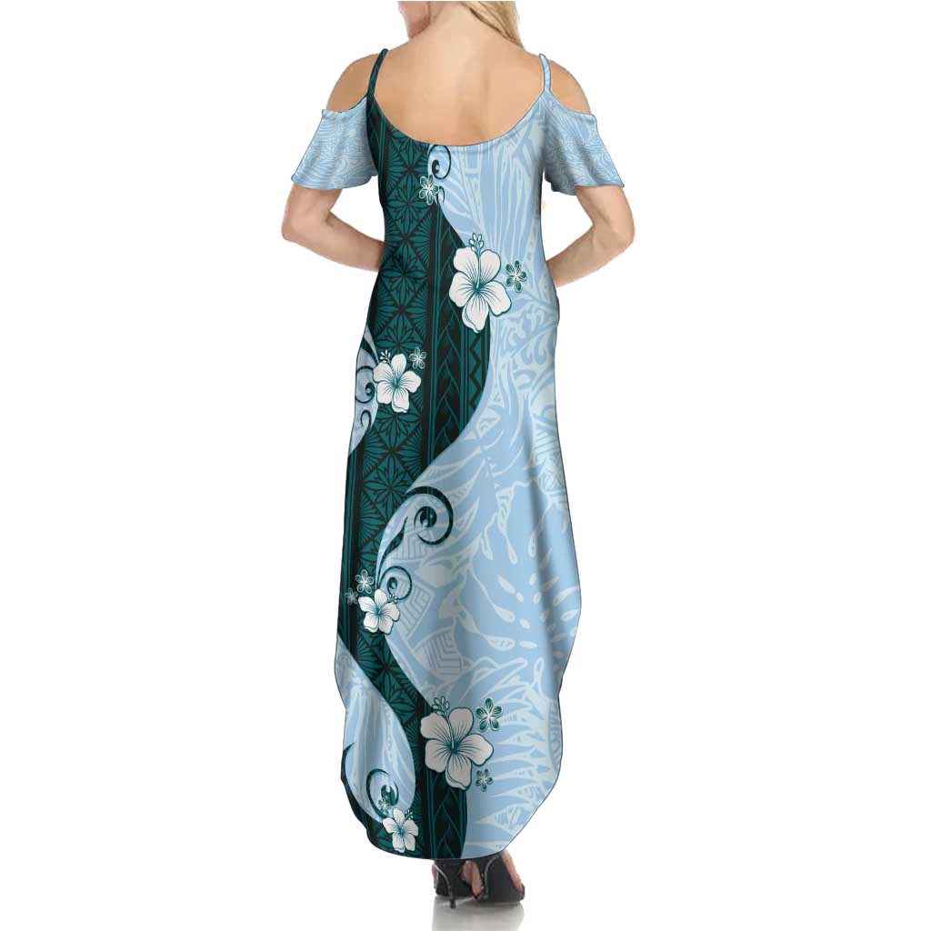 Polynesia Hibiscus Summer Maxi Dress Sky Blue Curve Motif - Polynesian Pride