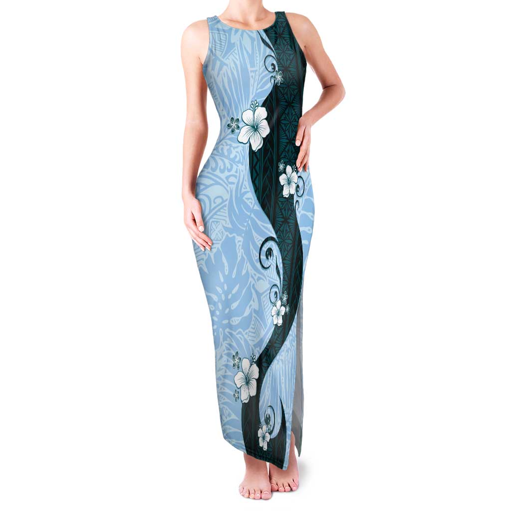 Polynesia Hibiscus Tank Maxi Dress Sky Blue Curve Motif LT05 Women Blue - Polynesian Pride