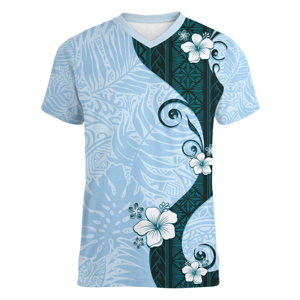 Polynesia Hibiscus Women V-Neck T-Shirt Sky Blue Curve Motif LT05 Female Blue - Polynesian Pride