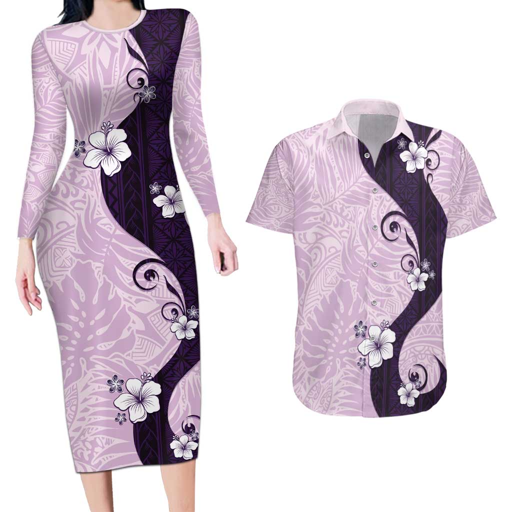 Polynesia Hibiscus Couples Matching Long Sleeve Bodycon Dress and Hawaiian Shirt Thistle Curve Motif LT05 Purple - Polynesian Pride