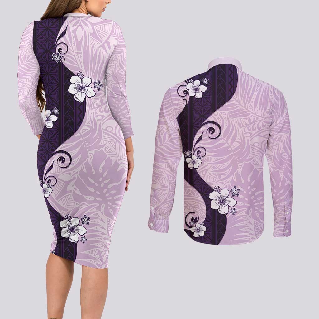 Polynesia Hibiscus Couples Matching Long Sleeve Bodycon Dress and Long Sleeve Button Shirt Thistle Curve Motif - Polynesian Pride