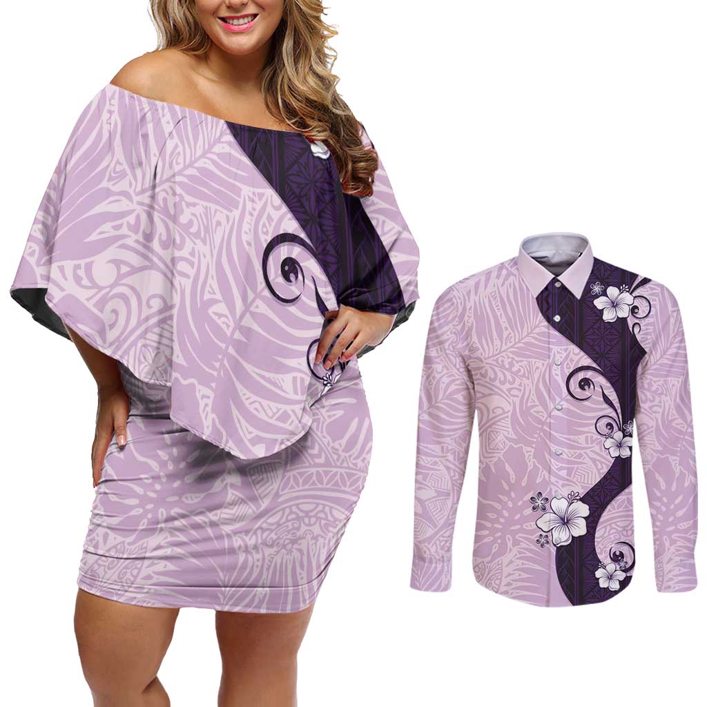 Polynesia Hibiscus Couples Matching Off Shoulder Short Dress and Long Sleeve Button Shirt Thistle Curve Motif - Polynesian Pride