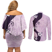 Polynesia Hibiscus Couples Matching Off Shoulder Short Dress and Long Sleeve Button Shirt Thistle Curve Motif - Polynesian Pride