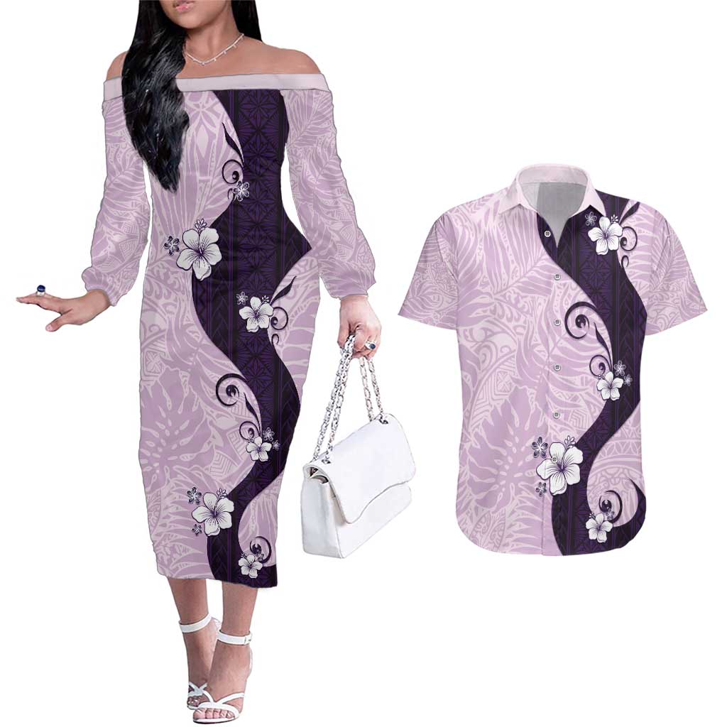 Polynesia Hibiscus Couples Matching Off The Shoulder Long Sleeve Dress and Hawaiian Shirt Thistle Curve Motif - Polynesian Pride