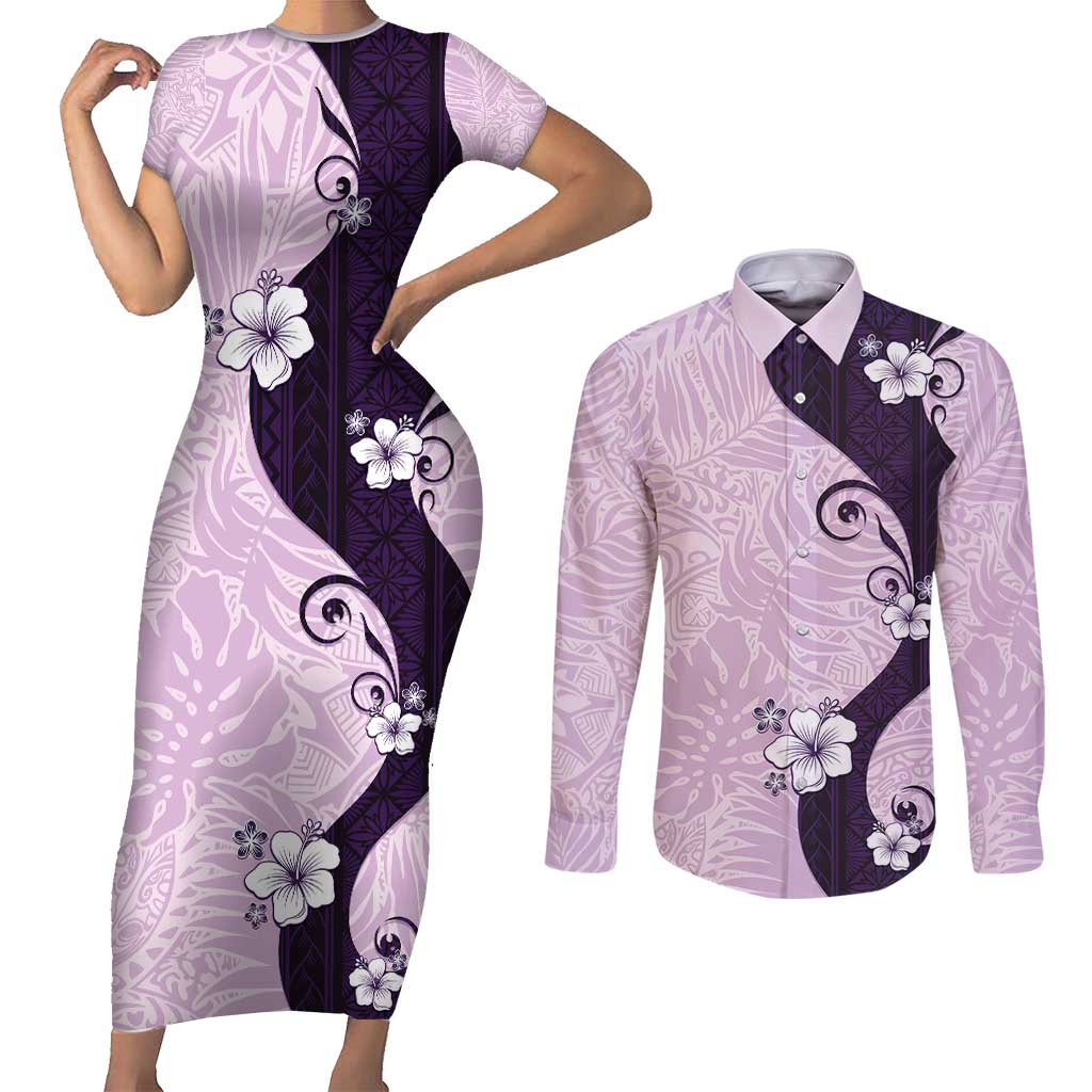 Polynesia Hibiscus Couples Matching Short Sleeve Bodycon Dress and Long Sleeve Button Shirt Thistle Curve Motif LT05 Purple - Polynesian Pride