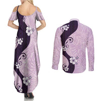 Polynesia Hibiscus Couples Matching Summer Maxi Dress and Long Sleeve Button Shirt Thistle Curve Motif - Polynesian Pride