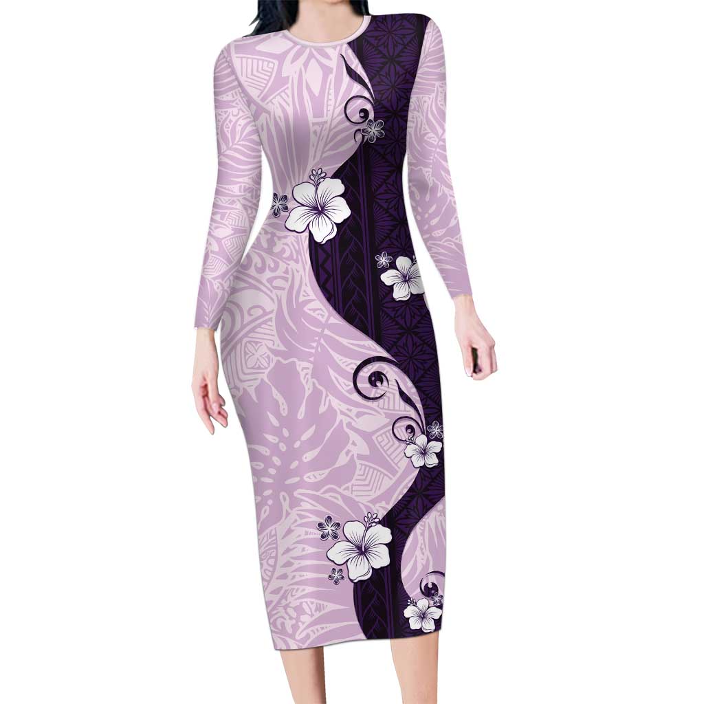 Polynesia Hibiscus Family Matching Long Sleeve Bodycon Dress and Hawaiian Shirt Thistle Curve Motif LT05 Mom's Dress Purple - Polynesian Pride