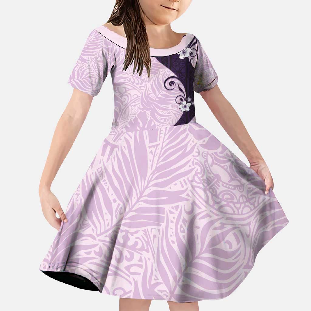 Polynesia Hibiscus Family Matching Off Shoulder Maxi Dress and Hawaiian Shirt Thistle Curve Motif LT05 Daughter's Dress Purple - Polynesian Pride