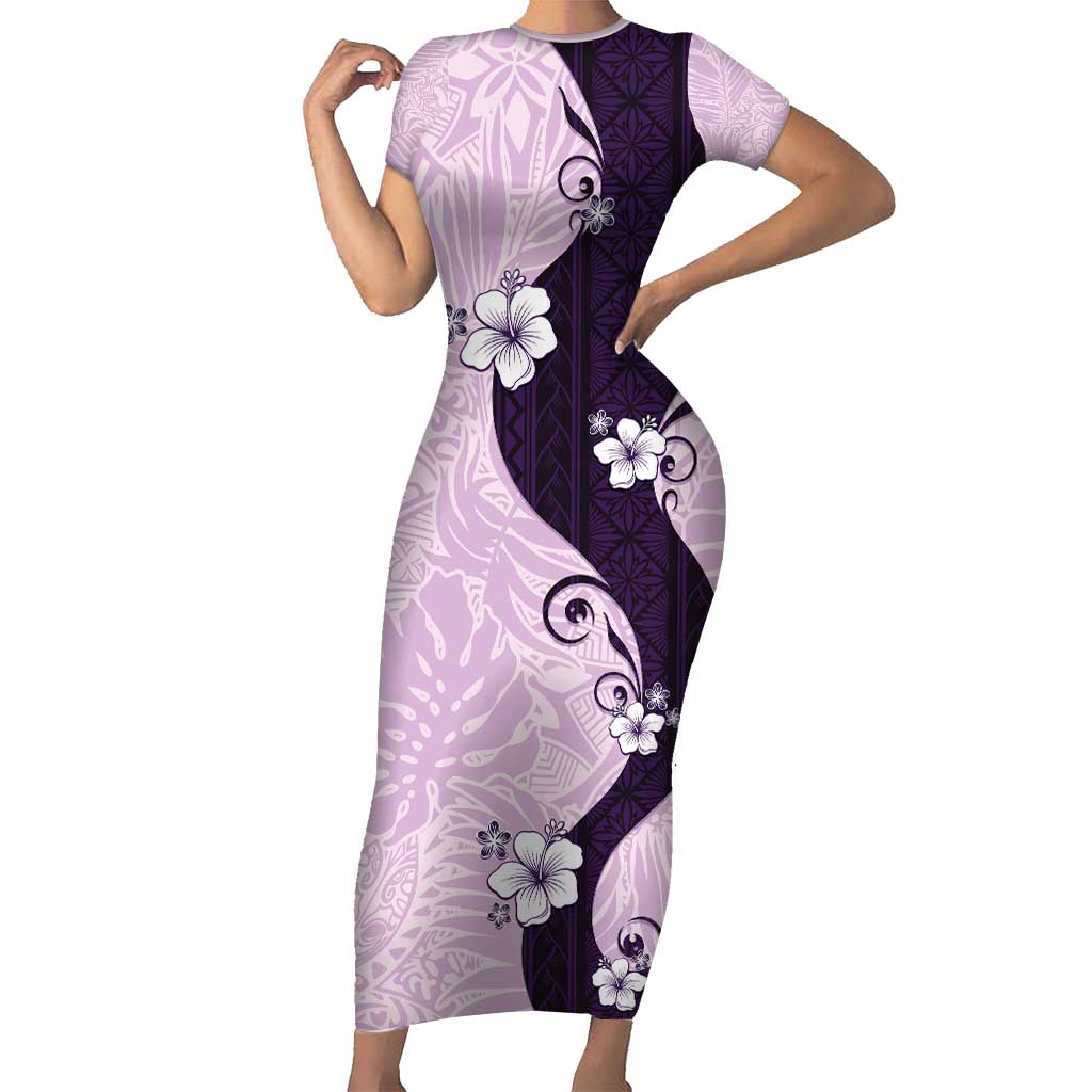 Polynesia Hibiscus Family Matching Short Sleeve Bodycon Dress and Hawaiian Shirt Thistle Curve Motif LT05 Mom's Dress Purple - Polynesian Pride