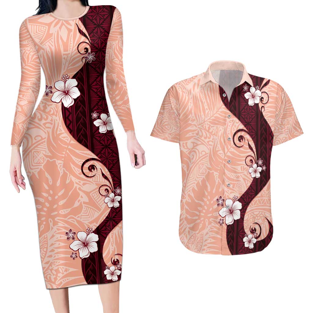 Polynesia Hibiscus Couples Matching Long Sleeve Bodycon Dress and Hawaiian Shirt Rose Bud Curve Motif LT05 Red - Polynesian Pride