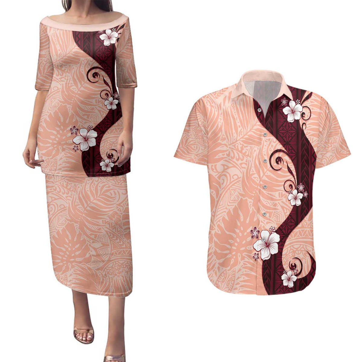 Polynesia Hibiscus Couples Matching Puletasi and Hawaiian Shirt Rose Bud Curve Motif - Polynesian Pride