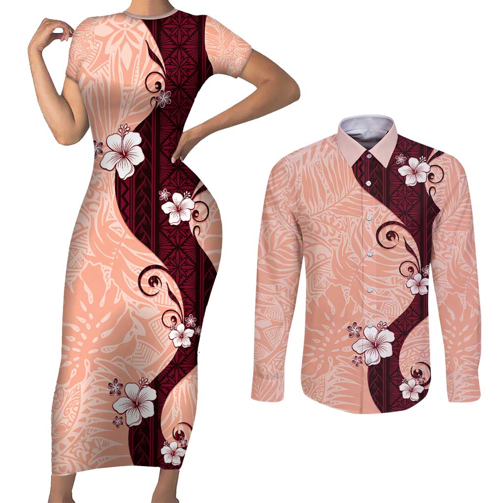Polynesia Hibiscus Couples Matching Short Sleeve Bodycon Dress and Long Sleeve Button Shirt Rose Bud Curve Motif LT05 Red - Polynesian Pride