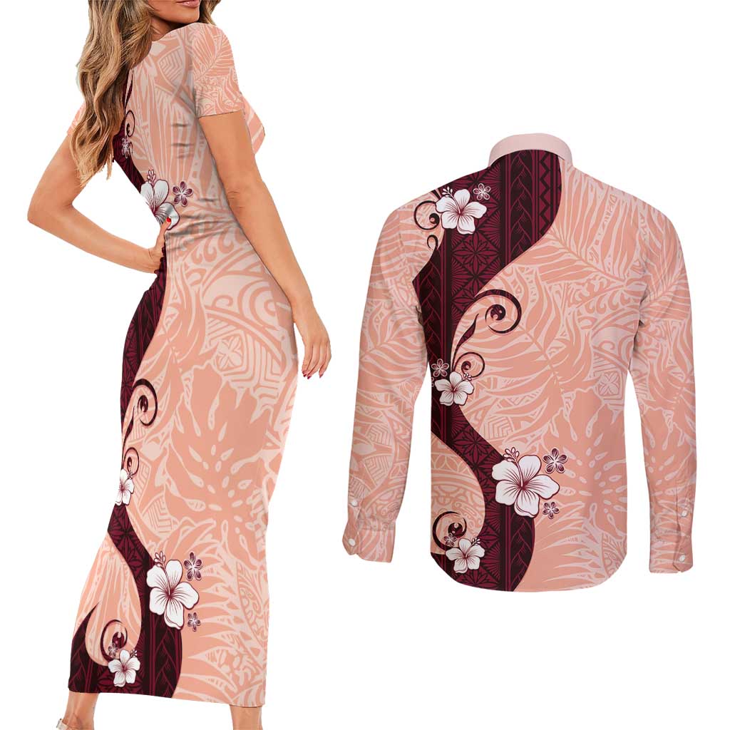 Polynesia Hibiscus Couples Matching Short Sleeve Bodycon Dress and Long Sleeve Button Shirt Rose Bud Curve Motif - Polynesian Pride