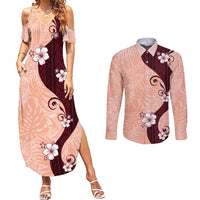 Polynesia Hibiscus Couples Matching Summer Maxi Dress and Long Sleeve Button Shirt Rose Bud Curve Motif LT05 Red - Polynesian Pride